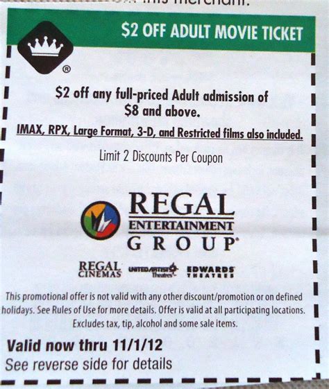 Save 30 OFF any Regal Cinemas items with printable Coupons & Coupon Codes in December 2023. . Regal cinema promo code